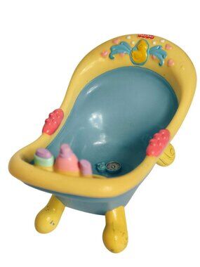 Vtg Fisher-Price Dollhouse Bathtub  Snap N Style Bathtime for Kira Yellow Blue